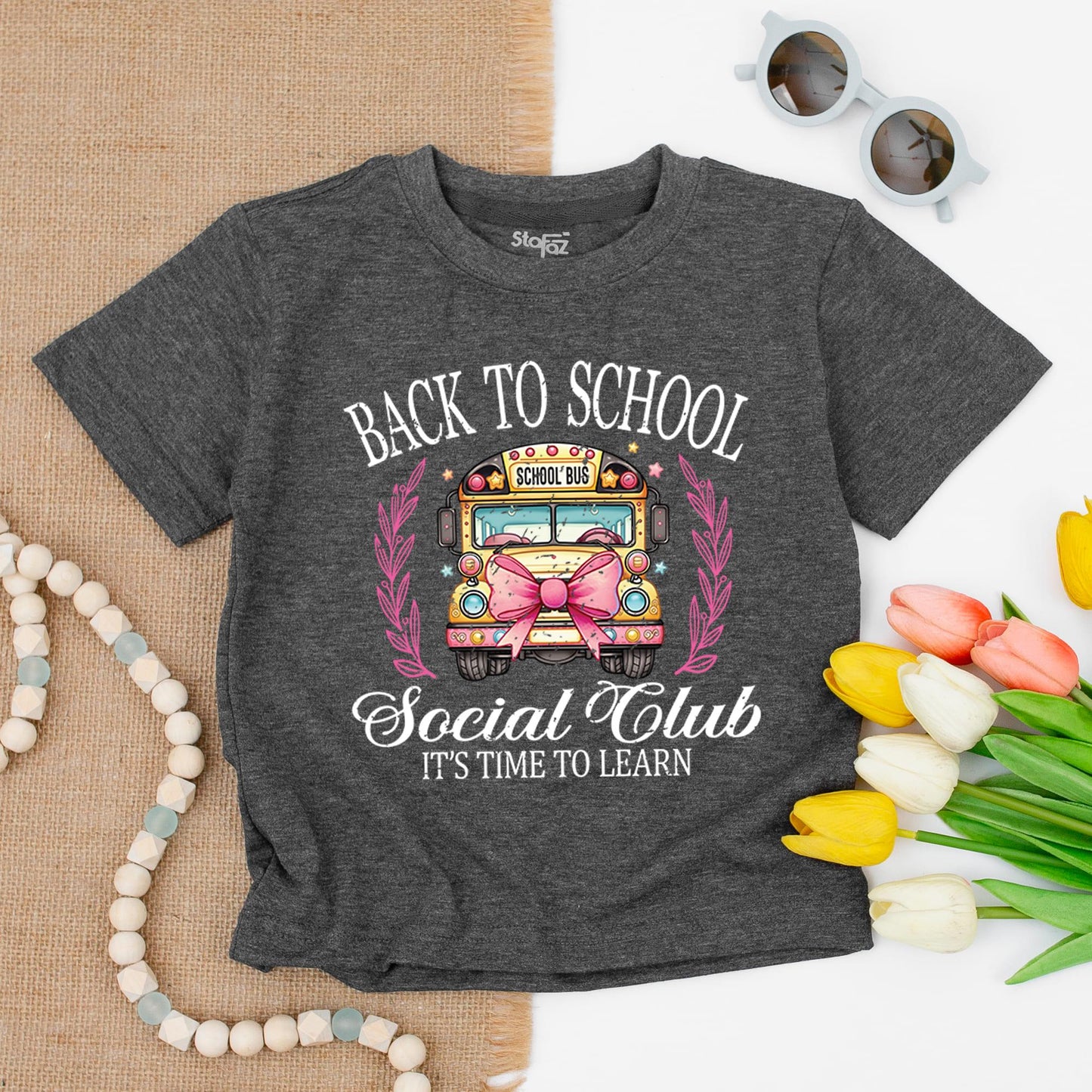 Back To School Social Club Shirt Whimsical School Bus Pink Bow First Day Elementary Kindergarten Toddler PreK Learning Stars Leaves "School Bus"
