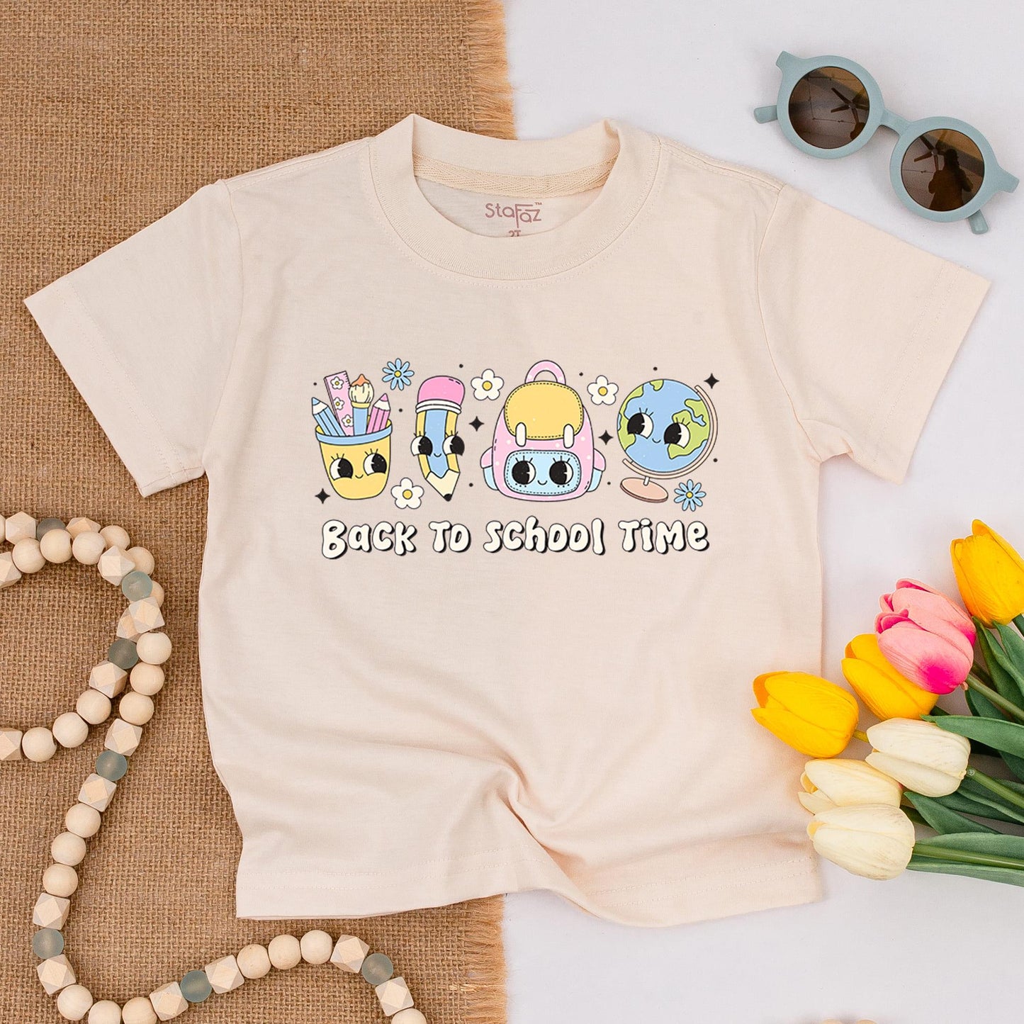 Back To School Time Shirt Pastel Graphic Design with Pencil Case Backpack Globe Flowers Stars for Elementary Kids