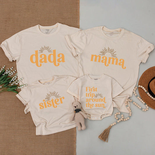 First Trip Around The Sun Matching Family Shirts 1st Birthday Outfit Golden Yellow Retro Sunshine Design Groovy Baby Bodysuit Comfy Cotton Tee