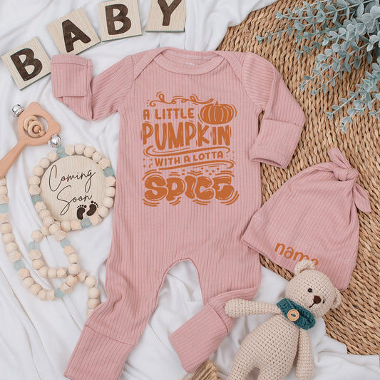 Cute Little Pumpkin Baby Bodysuit and Hat Set Newborn Baby Shower Gift Coming Home Outfit Long Sleeve Baby Announcement