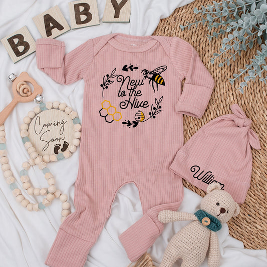 New to the Hive Baby Bodysuit & Hat Set Bee Design Newborn Gift, Cute Boho Baby Outfit, Baby Shower Present