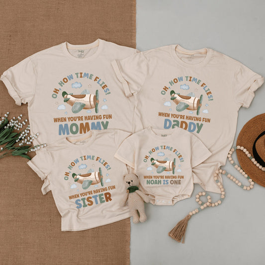 Time Flies First Birthday Airplane Outfit Matching Family Shirts Vintage Aviation Party Tee Custom Flight Crew Boy or Girl Baby Bodysuit One Year Gift