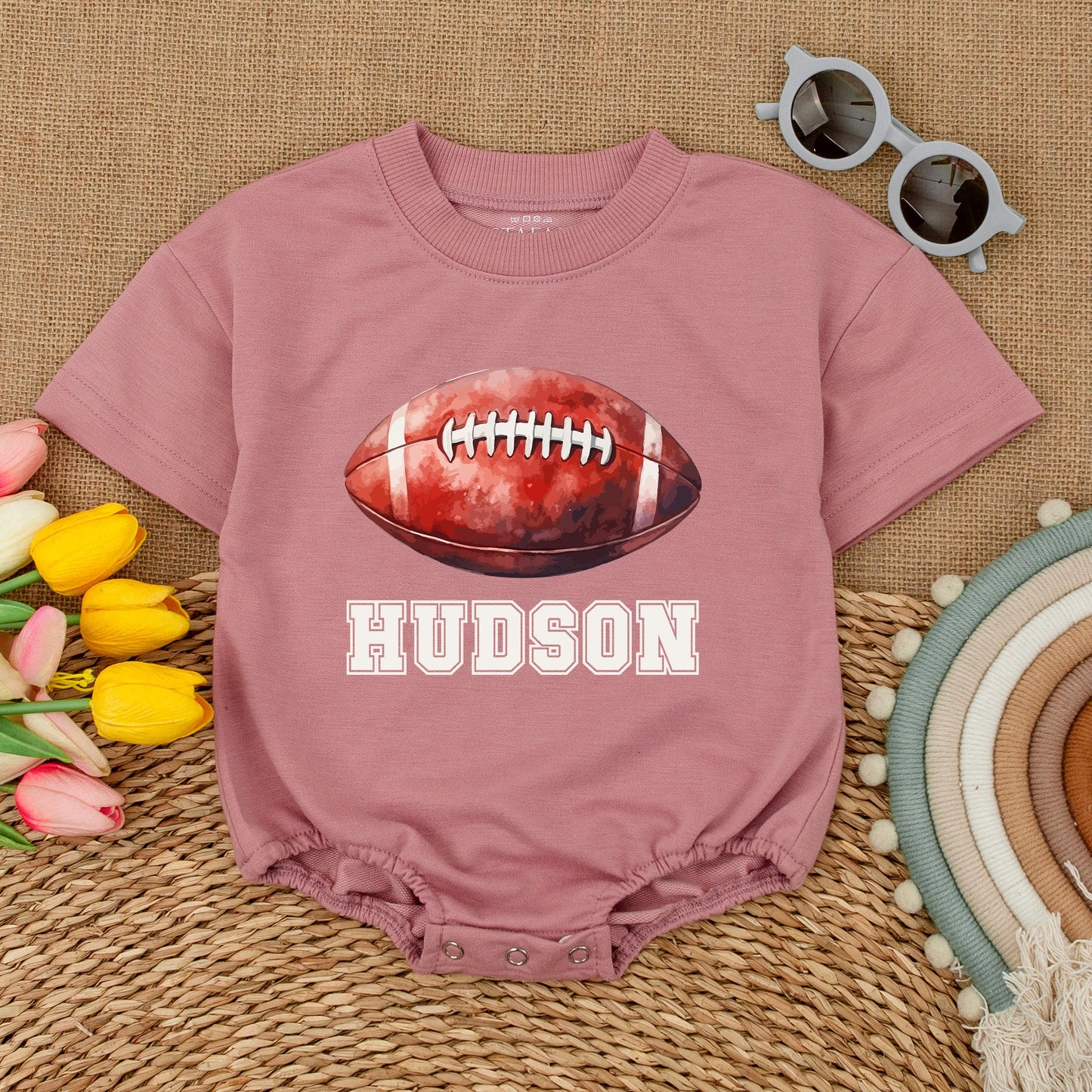 Personalized Hudson Football Baby Romper, Vintage Varsity Game Day Bodysuit, Custom Name Outfit, Classic Sporty Shower Gift, Red & White 135