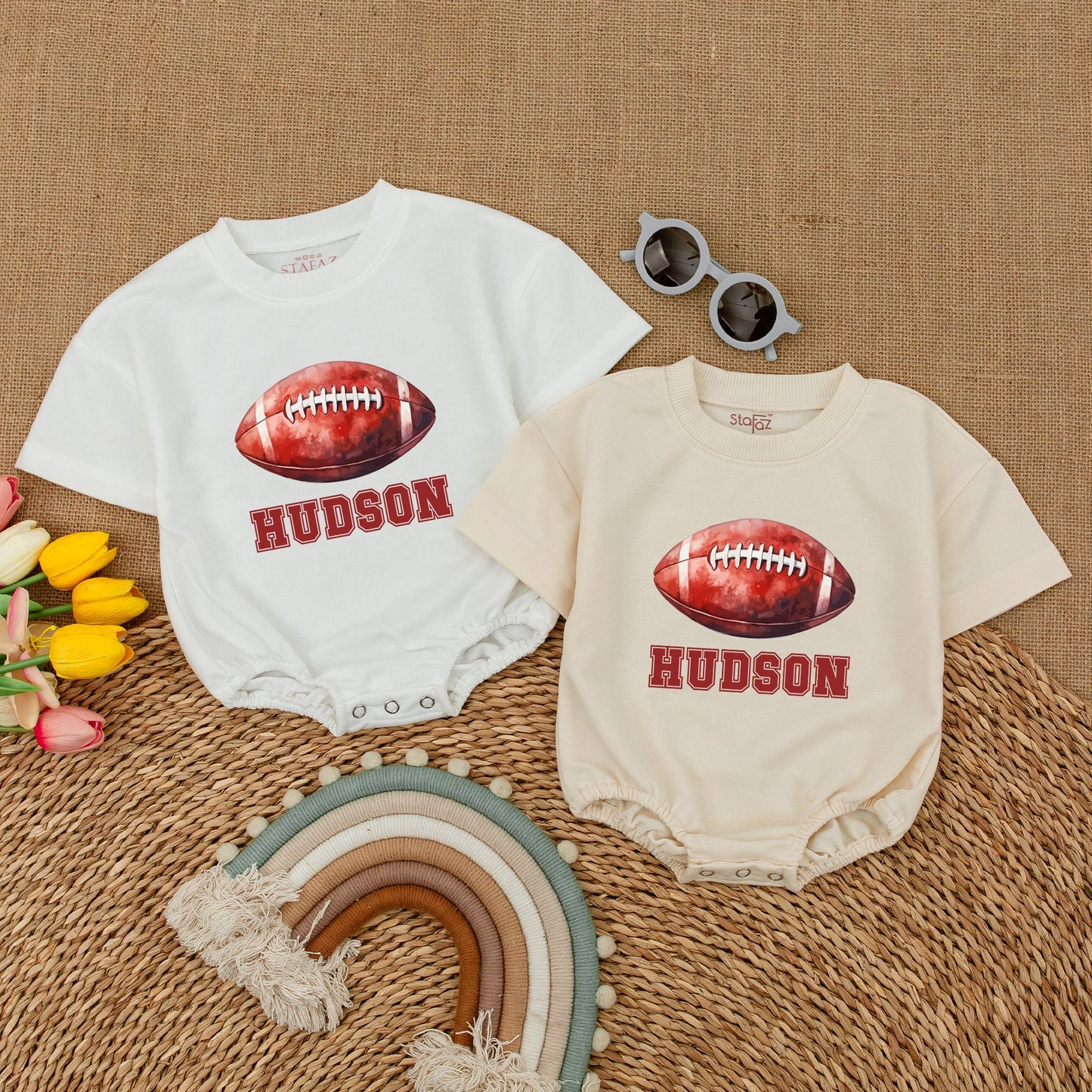 Personalized Hudson Football Baby Romper, Vintage Varsity Game Day Bodysuit, Custom Name Outfit, Classic Sporty Shower Gift, Red & White 135