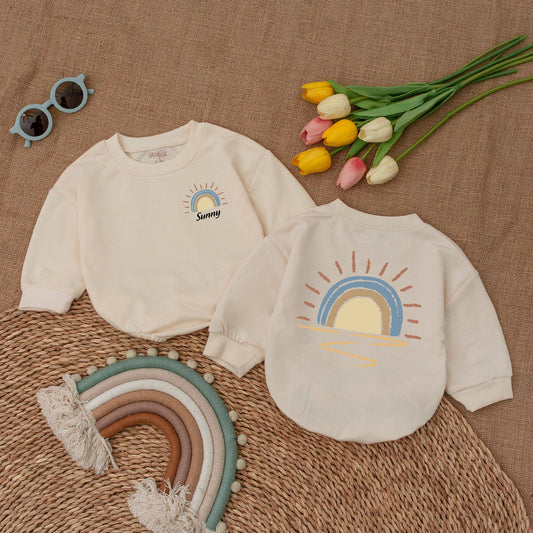 Custom Name Retro Sunshine Baby Romper Newborn Bubble Bodysuit Outfit Boho Little Sunshine Baby Shower Gift Cute Coming Home Soft Cotton Apparel