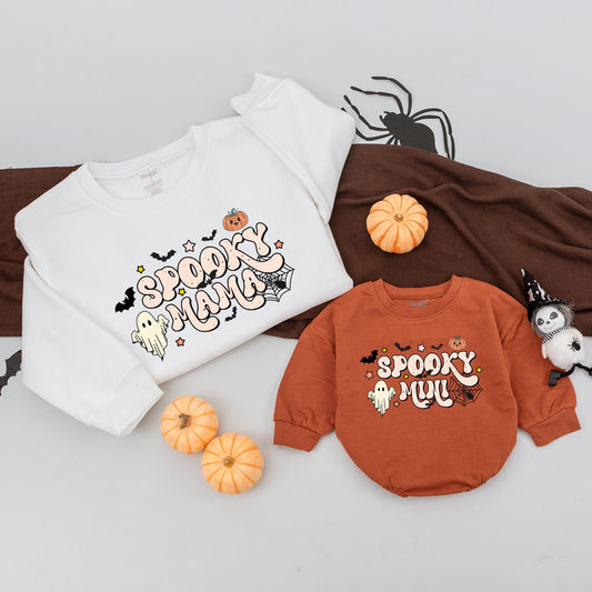 Spooky Mama & Mini Matching Sweatshirts: Halloween Family Outfits with Cartoon Bats, Pumpkin & Ghosts, Playful Orange & Black Sweater, Spooky Season Gift