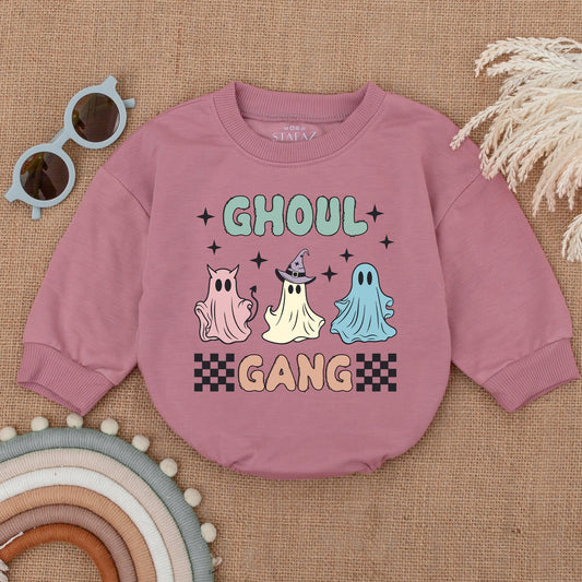 Spooky Ghoul Gang Halloween Baby Bubble Romper Retro Cartoon Ghosts Stars Cutesy Baby Shower Gift Outfit Boy Girl Infant Costume