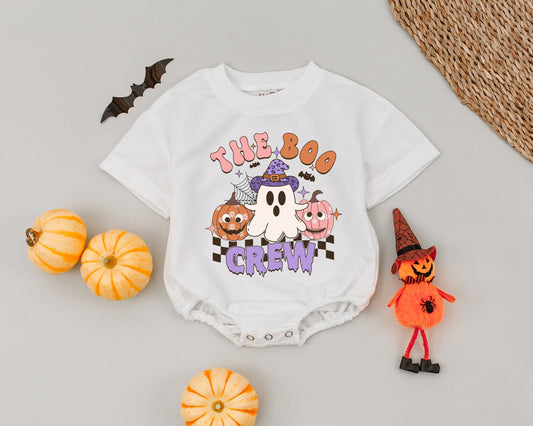 Boo Crew Halloween Romper: Retro Ghost Outfit, Vintage Baby Girl Clothes, Pumpkin, First Halloween Costume, Newborn Outfit, Fall Baby Clothes, Party Outfit