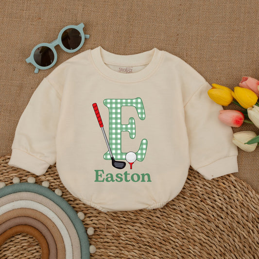Easton Golf Baby Romper, Custom Name Gingham Letter E Golfing Bodysuit, Newborn Gift, Baby Boy Outfit, Father & Son Clothes