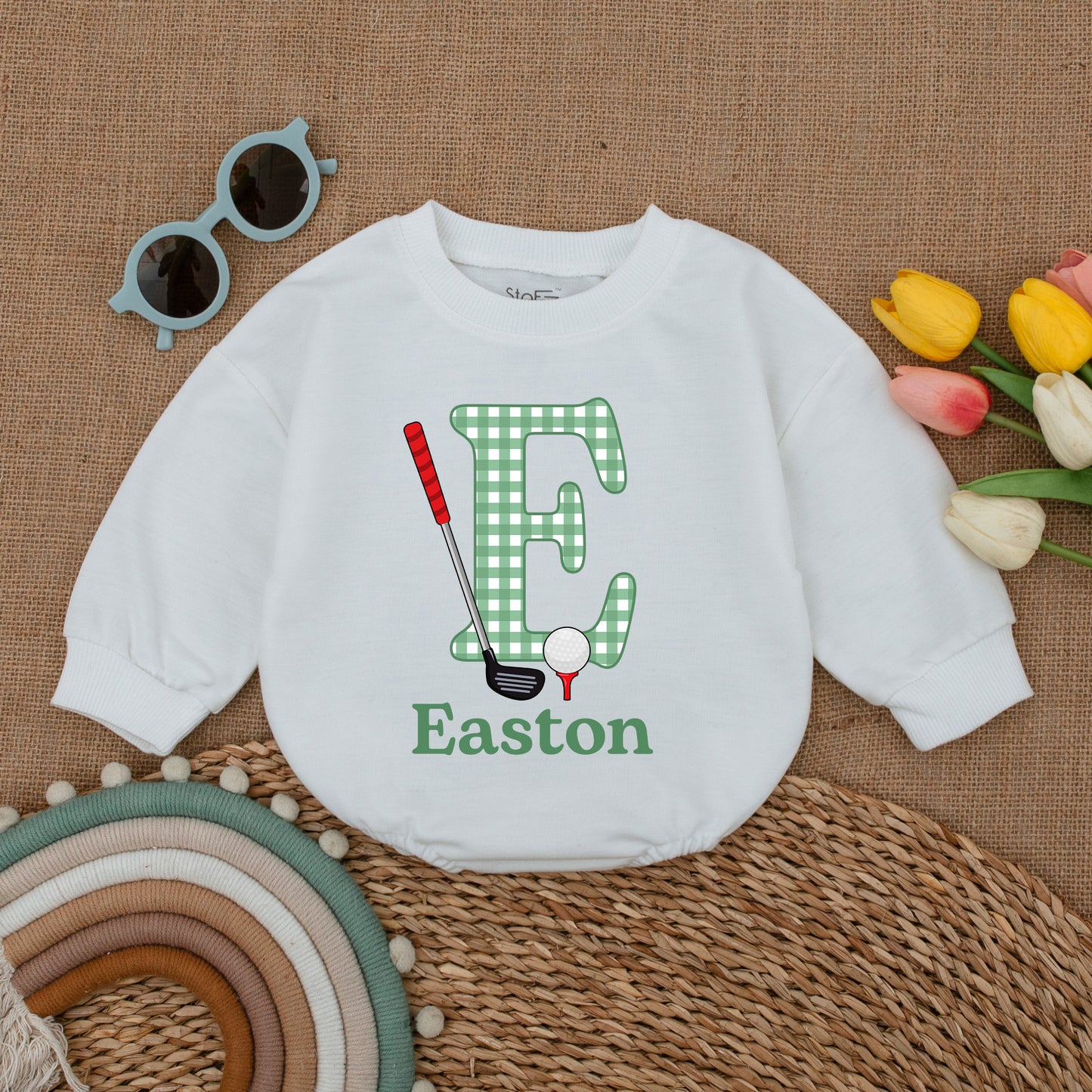 Easton Golf Baby Romper, Custom Name Gingham Letter E Golfing Bodysuit, Newborn Gift, Baby Boy Outfit, Father & Son Clothes