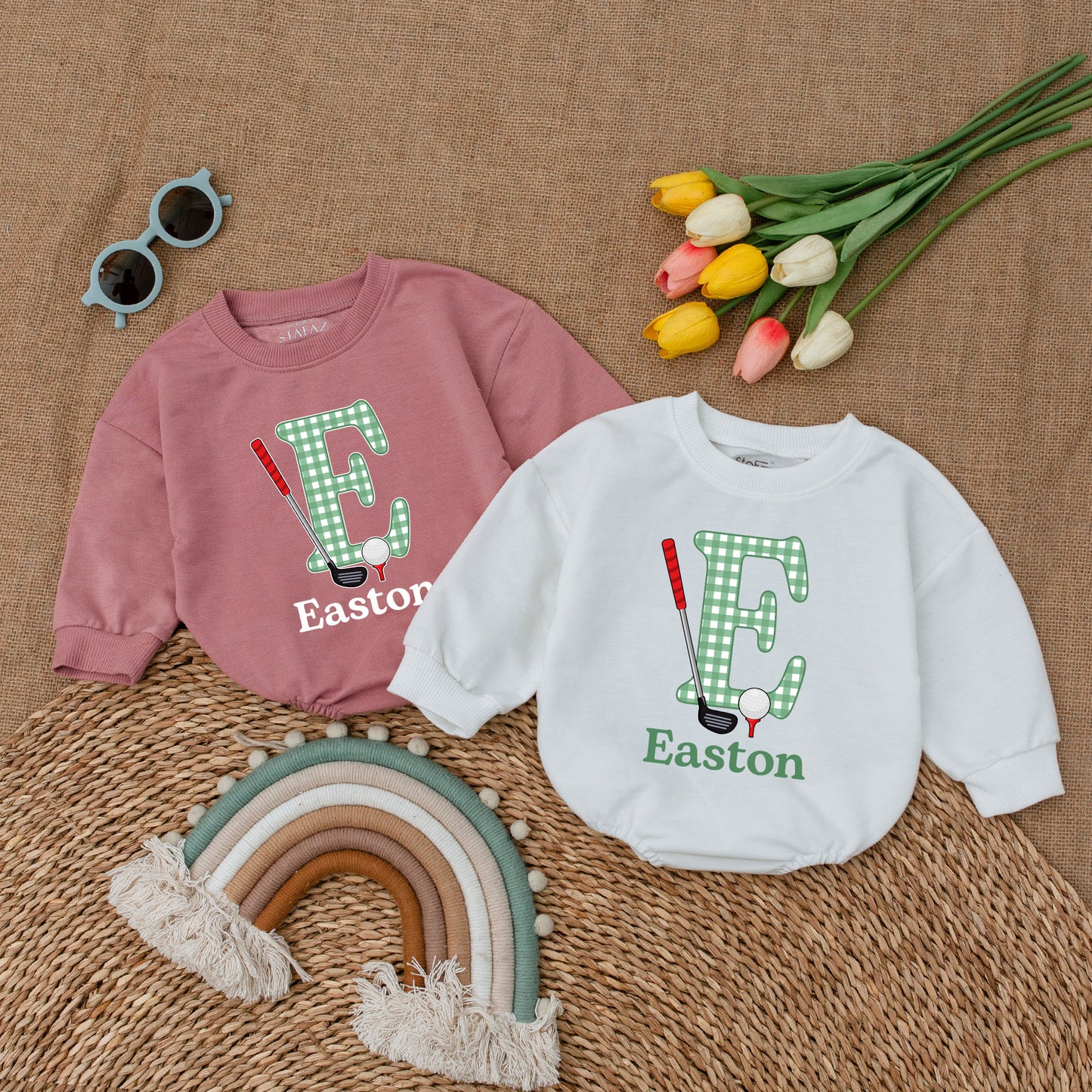 Easton Golf Baby Romper, Custom Name Gingham Letter E Golfing Bodysuit, Newborn Gift, Baby Boy Outfit, Father & Son Clothes
