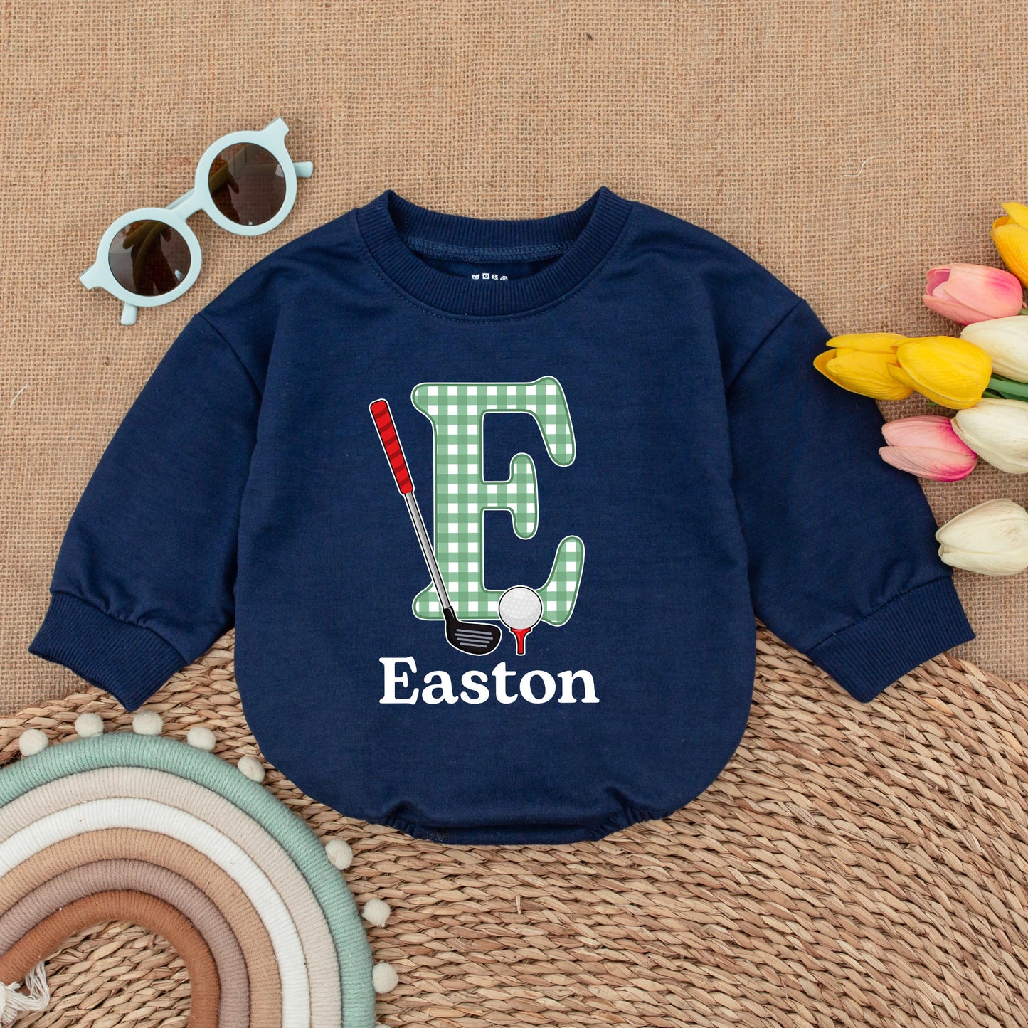 Easton Golf Baby Romper, Custom Name Gingham Letter E Golfing Bodysuit, Newborn Gift, Baby Boy Outfit, Father & Son Clothes