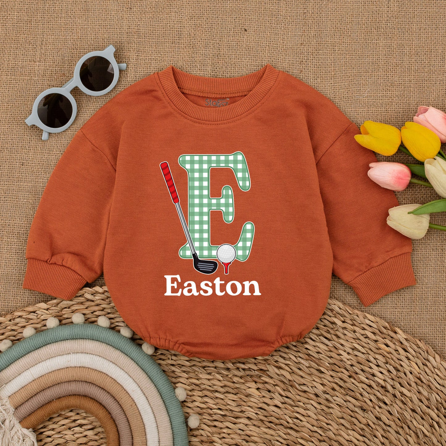 Easton Golf Baby Romper, Custom Name Gingham Letter E Golfing Bodysuit, Newborn Gift, Baby Boy Outfit, Father & Son Clothes