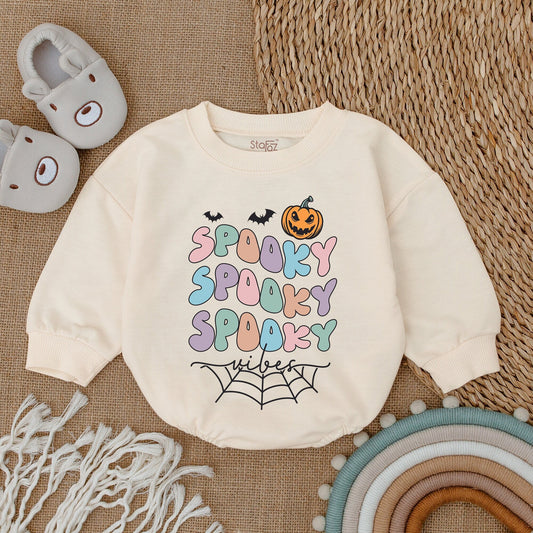 Spooky Bubble Letters Baby Romper Pastel Halloween Outfit First Infant Clothes Whimsical Retro Bats Jack-o-lantern Spiderweb Vibes Pink Blue Green Purple Newborn Bodysuit