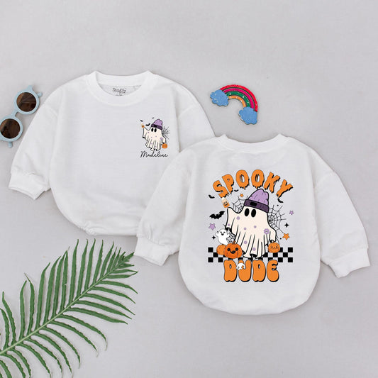 Personalized Spooky Dude Baby Romper Cute Whimsical Halloween Ghosts Pumpkins Bats Design First Birthday Outfit Soft Infant Toddler Bodysuit