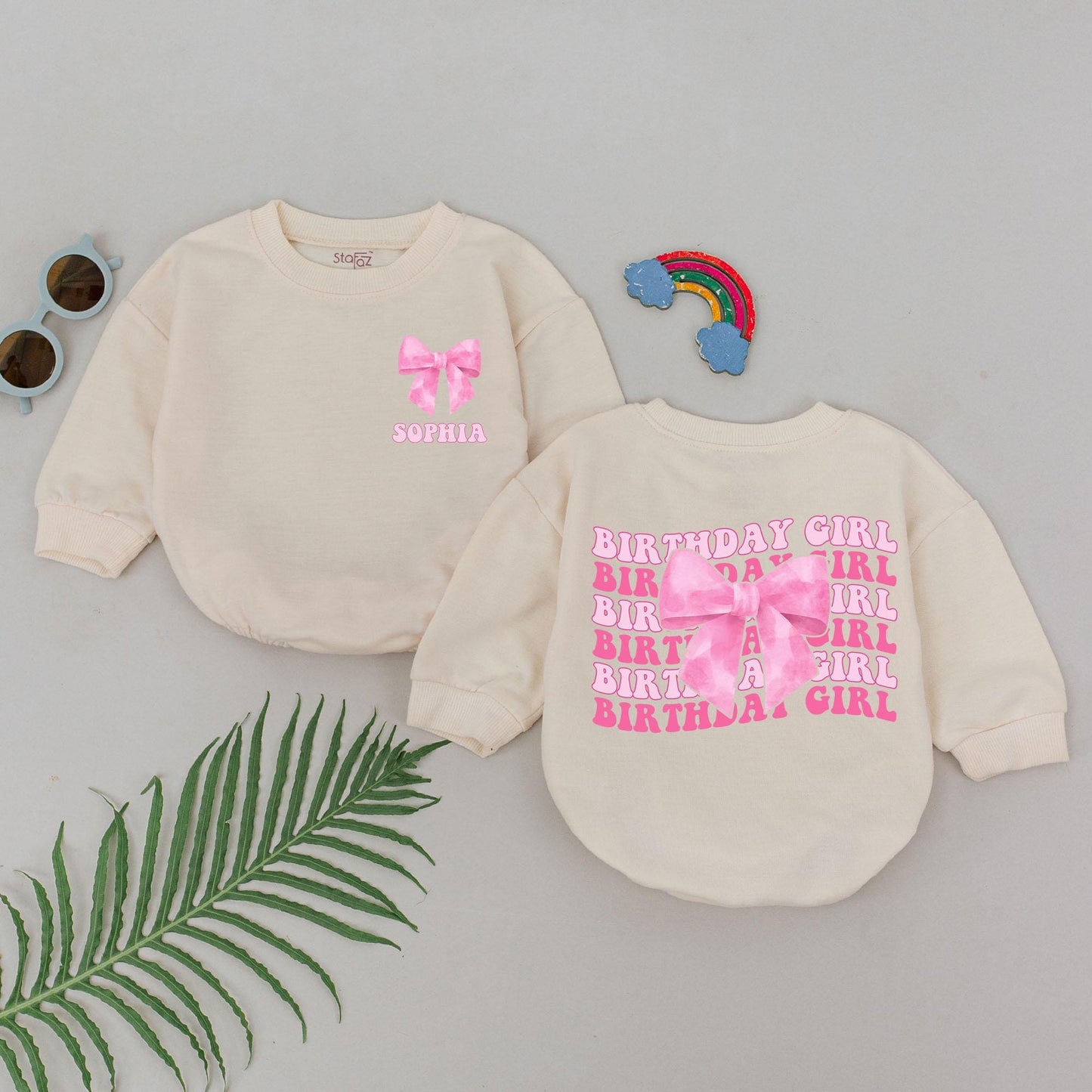 Personalized Pink Bow Birthday Girl Romper First Birthday Baby Outfit Sophia Bodysuit Bubble Romper Newborn Girls Baby Shower Gift