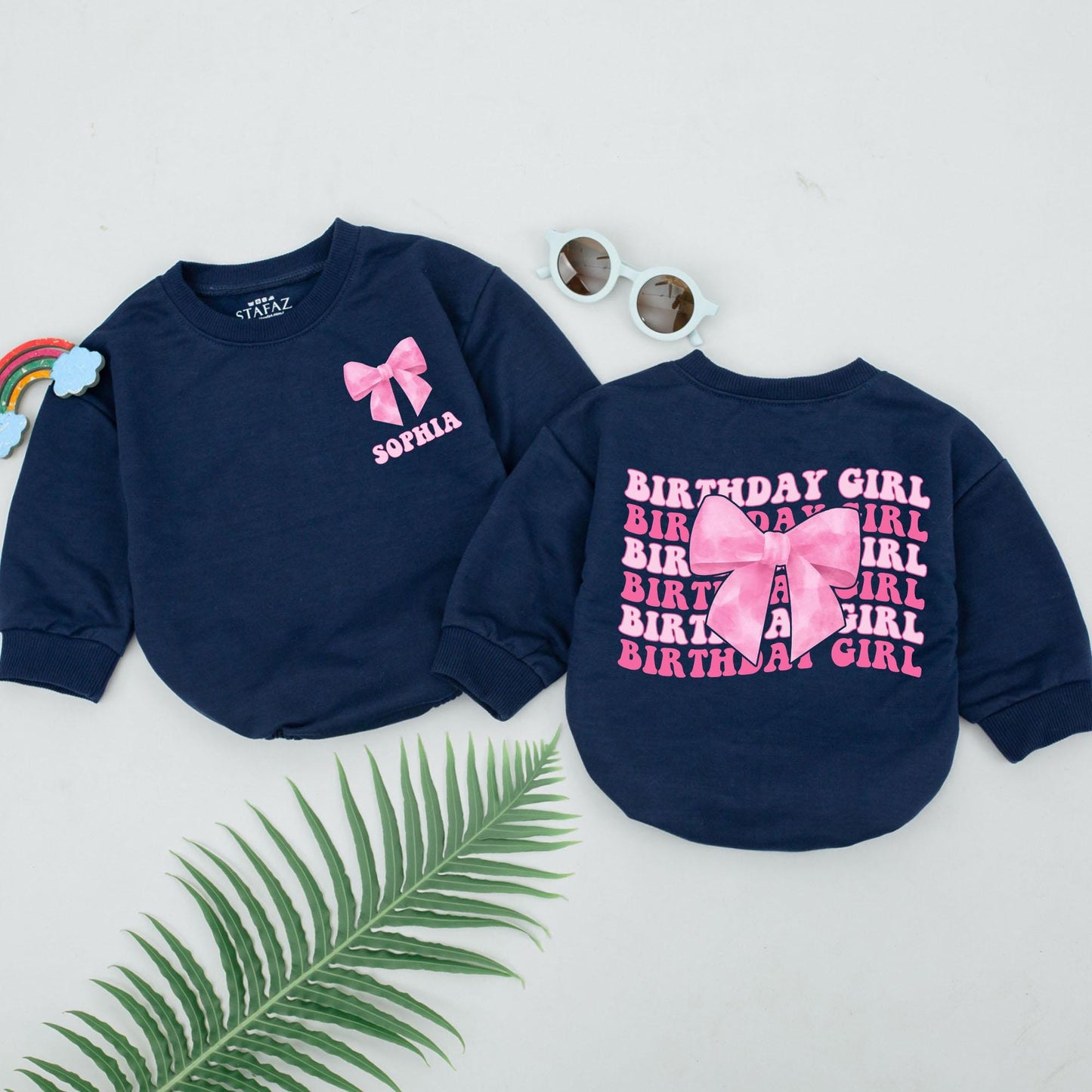 Personalized Pink Bow Birthday Girl Romper First Birthday Baby Outfit Sophia Bodysuit Bubble Romper Newborn Girls Baby Shower Gift