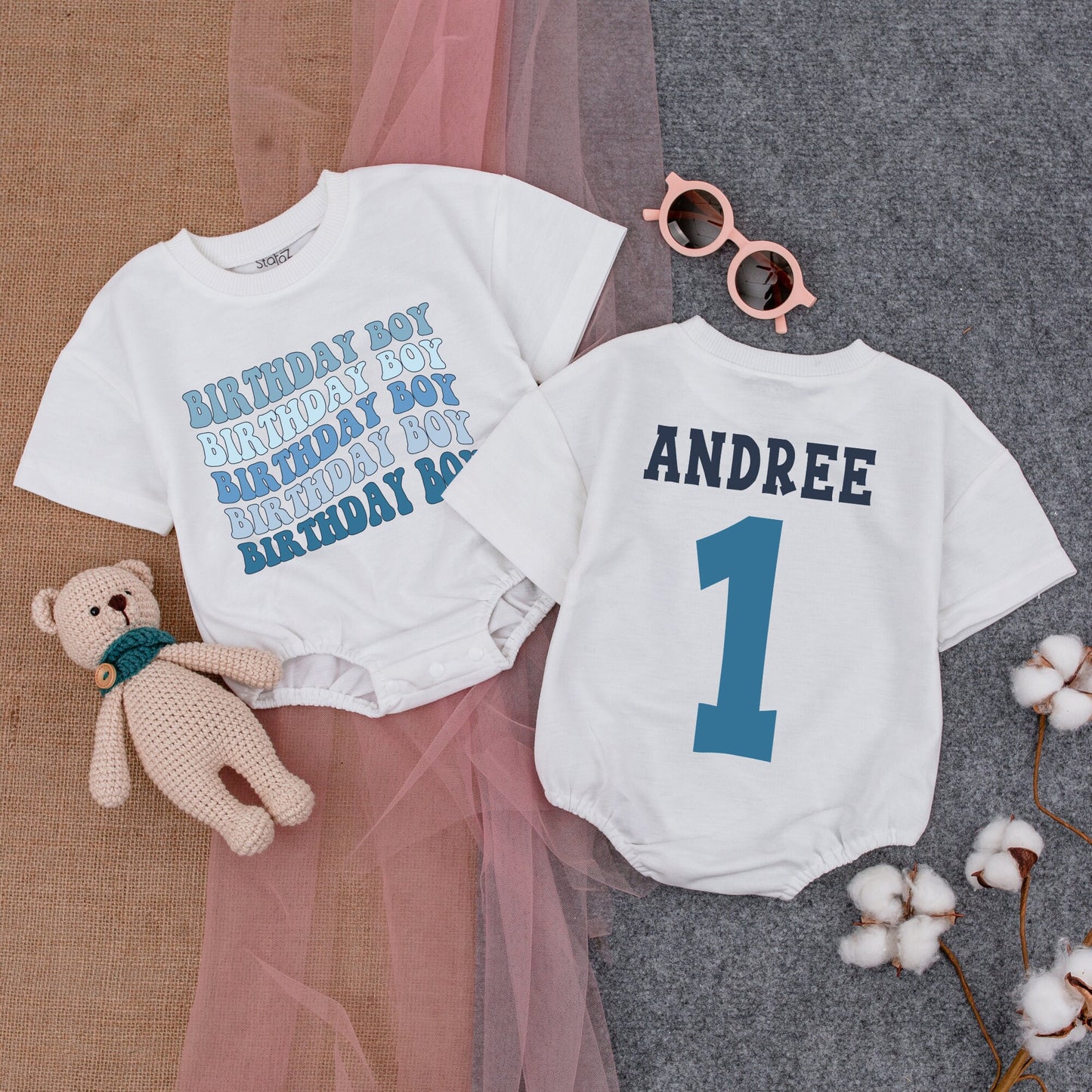 First Birthday Boy Blue Romper Outfit, Cupcake Design, Personalized Short Sleeve Baby Boy Clothes, 1st Birthday Gift, Bubble Romper (138 chars)