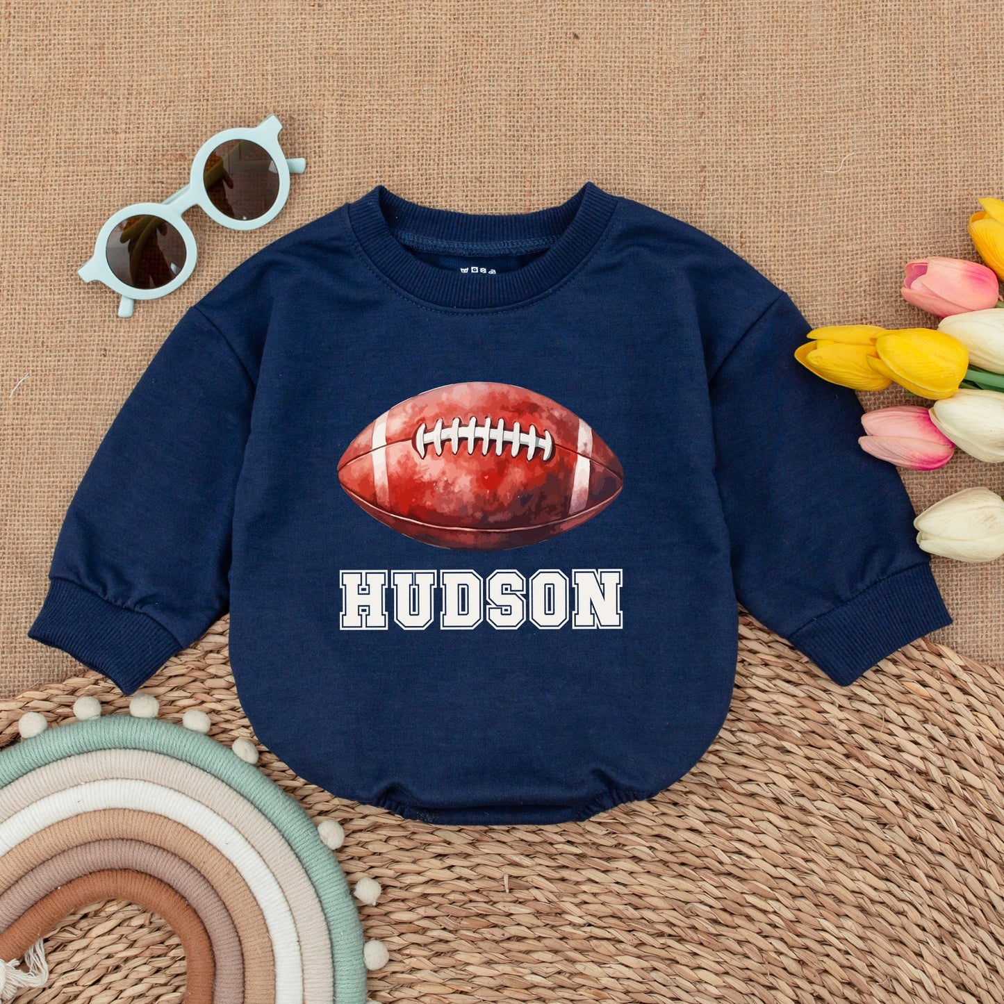 Custom Name Football Baby Romper – Game Day Baby Shower Gift