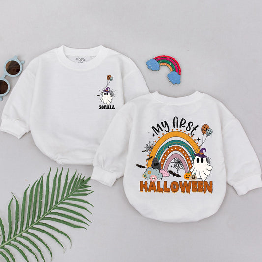 My First Halloween Baby Romper Personalized, Cute Spooky Season Newborn Outfit, Pastel Rainbow Ghost Design, Fun 1st Halloween Gift for Baby Girl 138
