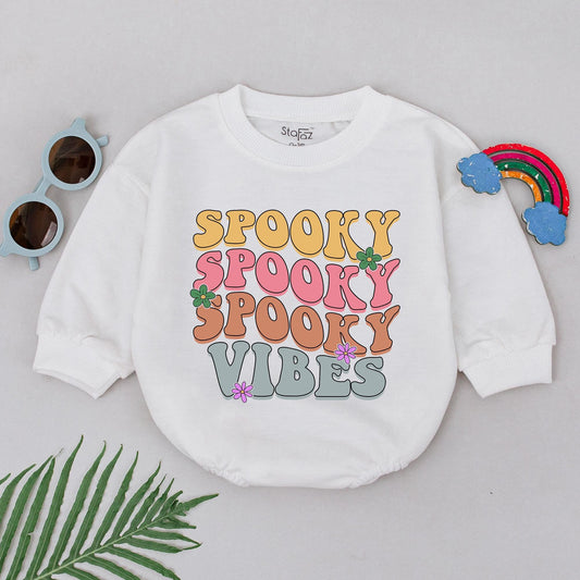 Retro Groovy Spooky Vibes Baby Romper First Halloween Newborn Outfit Girls Boys, Yellow Pink Orange Blue Flower Accents Cute Fall Baby Shower Gift