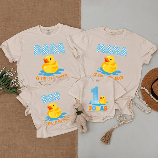 Matching Duck Birthday Outfits | Dada, Mama & Bro Shirts + Baby 1st Birthday Bodysuit | One Little Duck Party Clothes