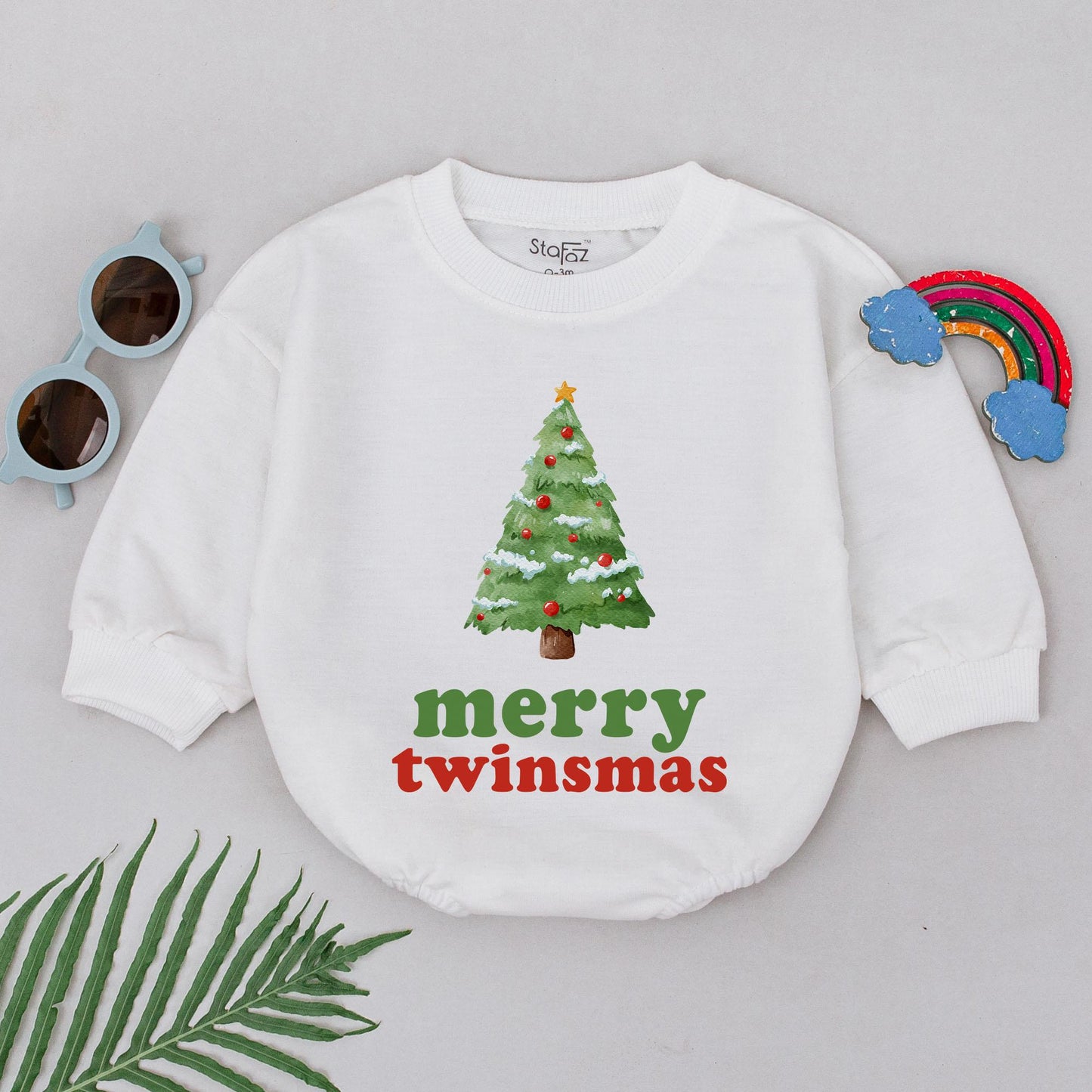 Adorable Twin Baby Girl Christmas Romper featuring Watercolor Tree Merry Twinsmas Print Newborn First Holiday Outfit Shower Gift
