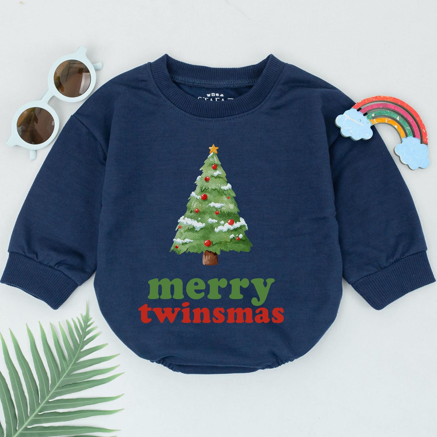 Adorable Twin Baby Girl Christmas Romper featuring Watercolor Tree Merry Twinsmas Print Newborn First Holiday Outfit Shower Gift