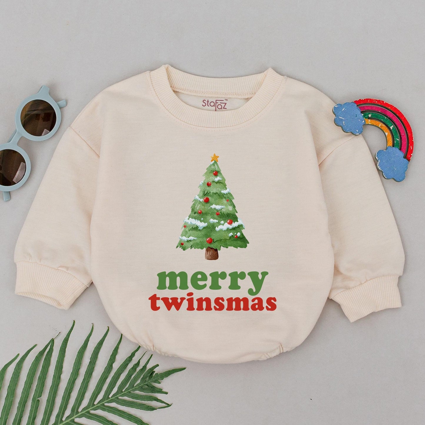 Adorable Twin Baby Girl Christmas Romper featuring Watercolor Tree Merry Twinsmas Print Newborn First Holiday Outfit Shower Gift