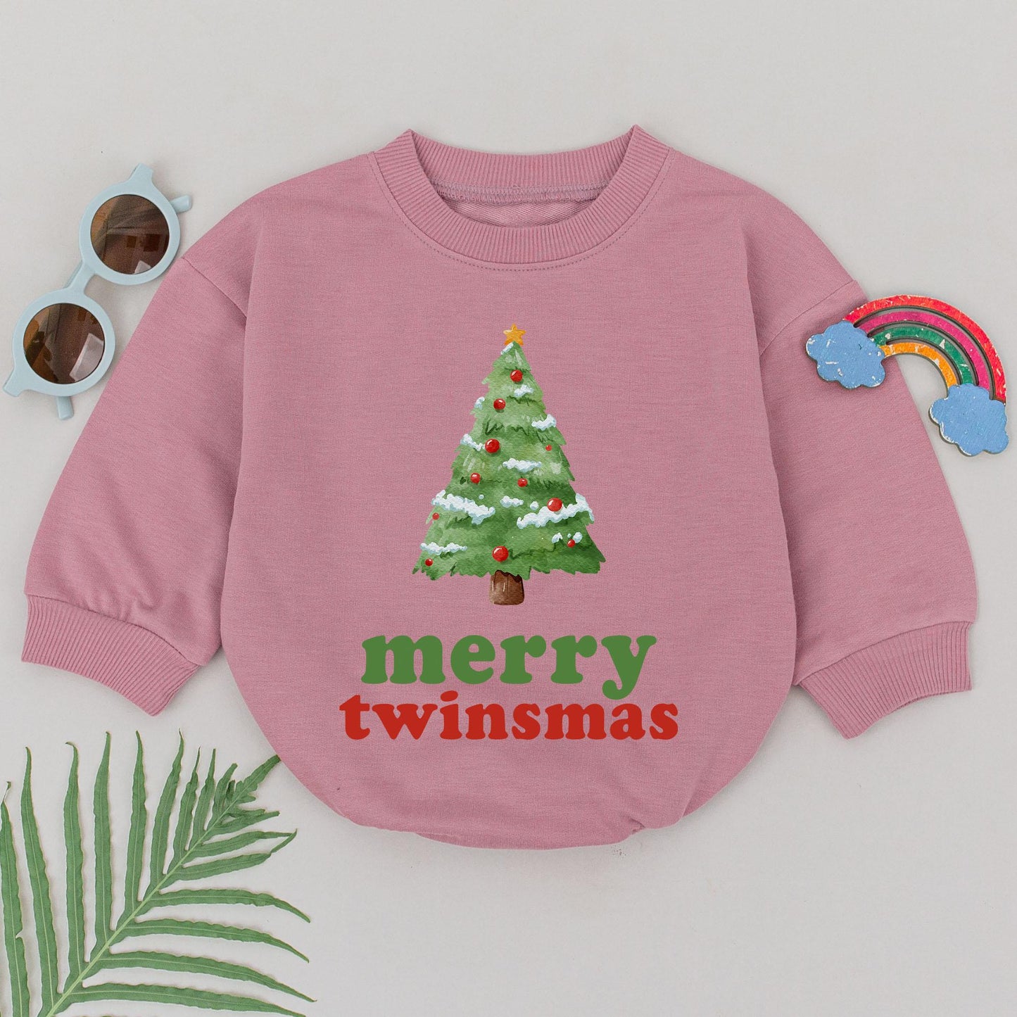 Adorable Twin Baby Girl Christmas Romper featuring Watercolor Tree Merry Twinsmas Print Newborn First Holiday Outfit Shower Gift