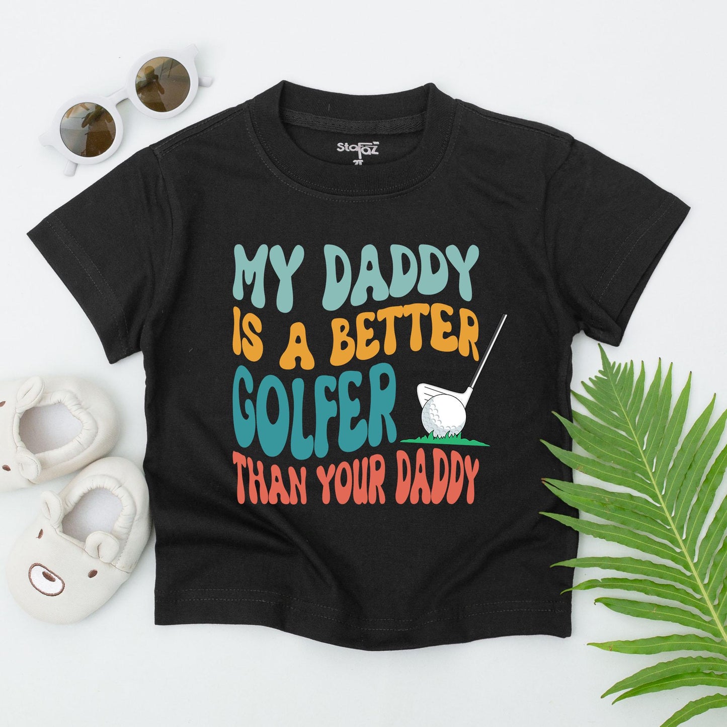 My Daddy Is A Better Golfer Than Your Daddy T-Shirt Retro Wavy Font Teal Orange Coral Golf Ball Grass Club Baby Toddler Gift