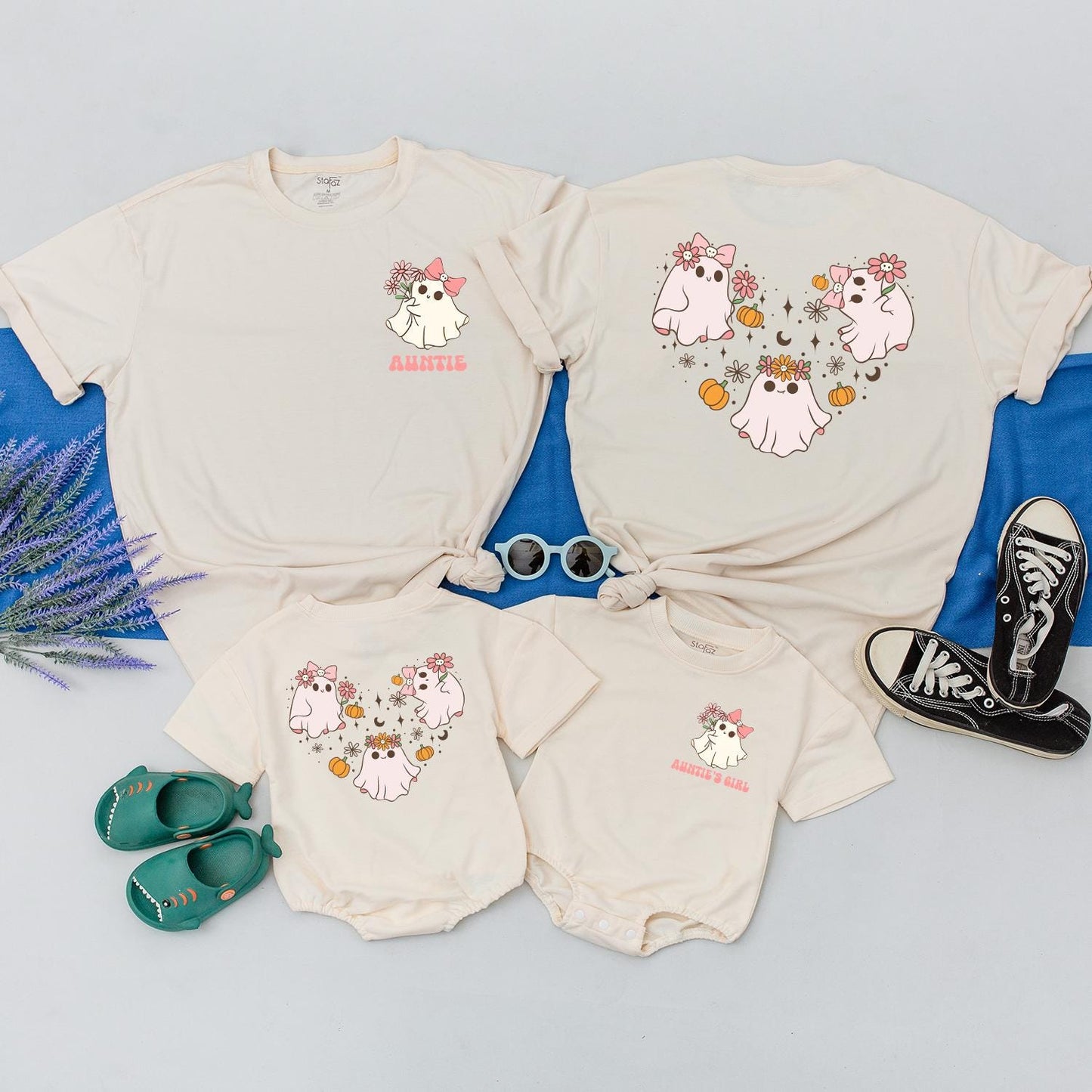 Matching Auntie's Girl Ghost Halloween Shirts: Pastel Bow & Pumpkin Design Spooky Family Outfits, Custom Kids' Gifts, Cozy Season