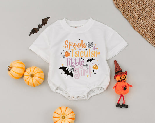 My 1st Halloween Romper Spooktacular Little Girl Outfit, Cute Halloween Baby Bodysuit, Orange Black Lavender Bats Pumpkins Stars First Fall Costume 138