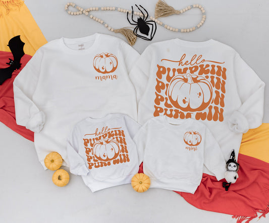 Playful Retro Hello Pumpkin Mama and Me Matching Fall Sweatshirt Romper Outfit Toddler Baby Kid Autumn Vintage Orange White
