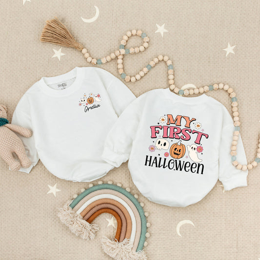 Personalized My First Halloween Baby Romper Ghost Pumpkin Skull Outfit, Baby Girl Boy Costume Fall Clothes, Spooky Season
