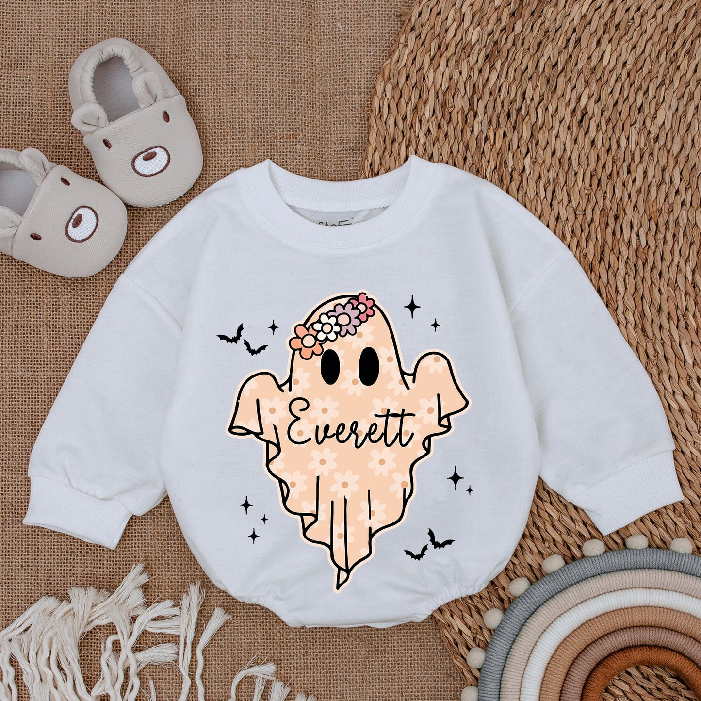 Everett Ghost Daisy Halloween Baby Bodysuit First Fall Outfit Cute Ghostly Girl Romper White Stars Bats