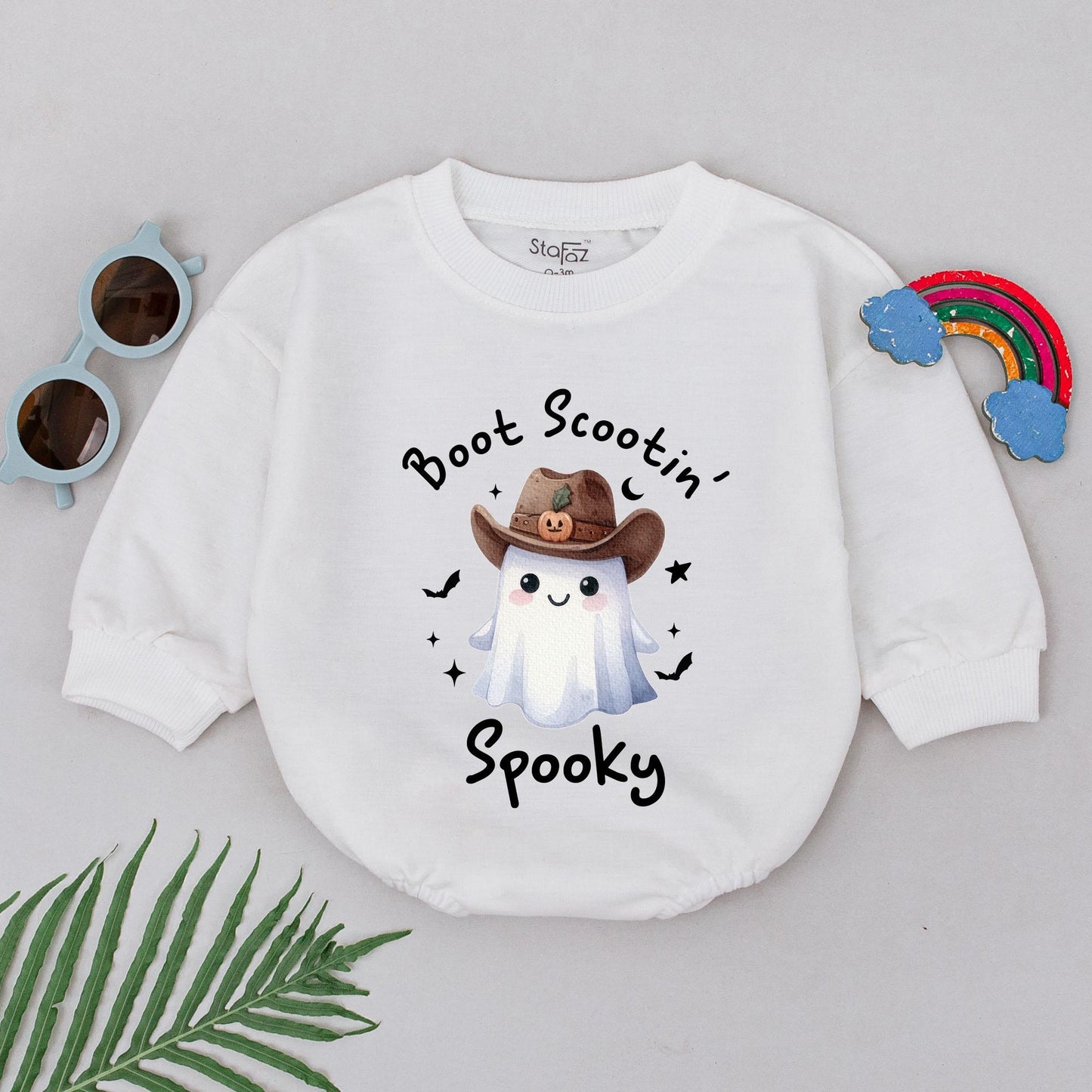 Boot Scootin' Spooky Ghost Romper, First Halloween Outfit, Cute Cowboy Baby Bodysuit, Western Newborn Girl Clothes, Halloween Party Costume 135