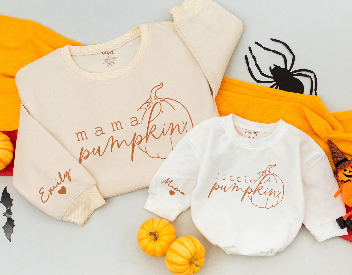 Custom Mama Little Pumpkin Matching Fall Outfit Set with Name & Heart, Brown Handwritten Sweatshirt & Baby Romper, Cute Festive Gift