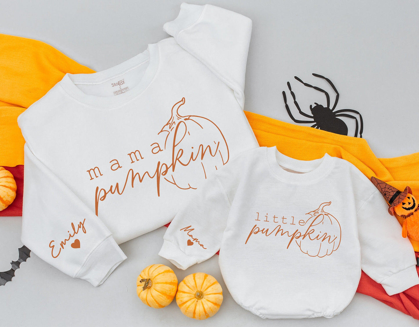 Custom Mama Little Pumpkin Matching Fall Outfit Set with Name & Heart, Brown Handwritten Sweatshirt & Baby Romper, Cute Festive Gift