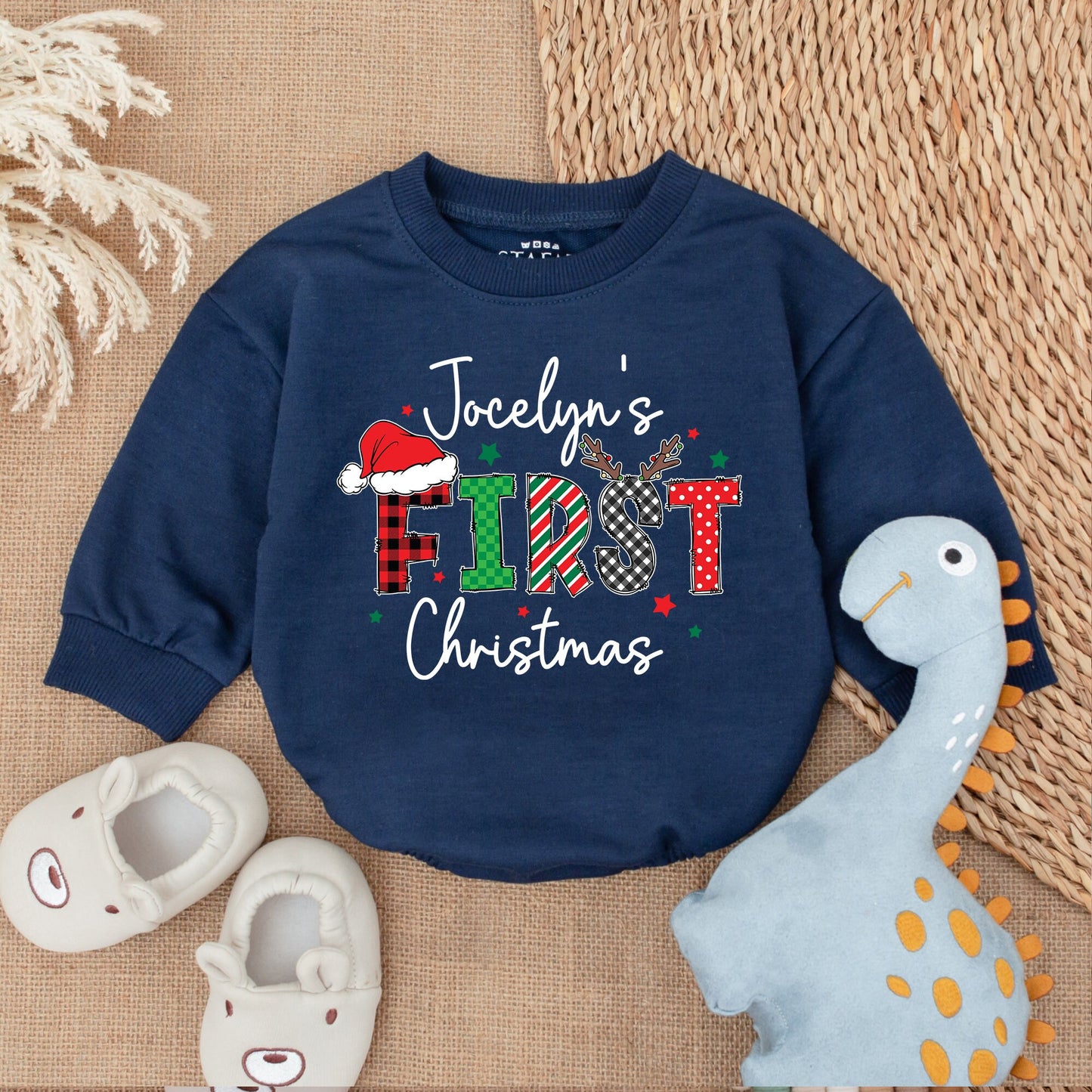 Custom My First Christmas Baby Romper Playful Plaid Striped Oversized Long Sleeve Bodysuit Red Green Cozy Newborn Girl Outfit