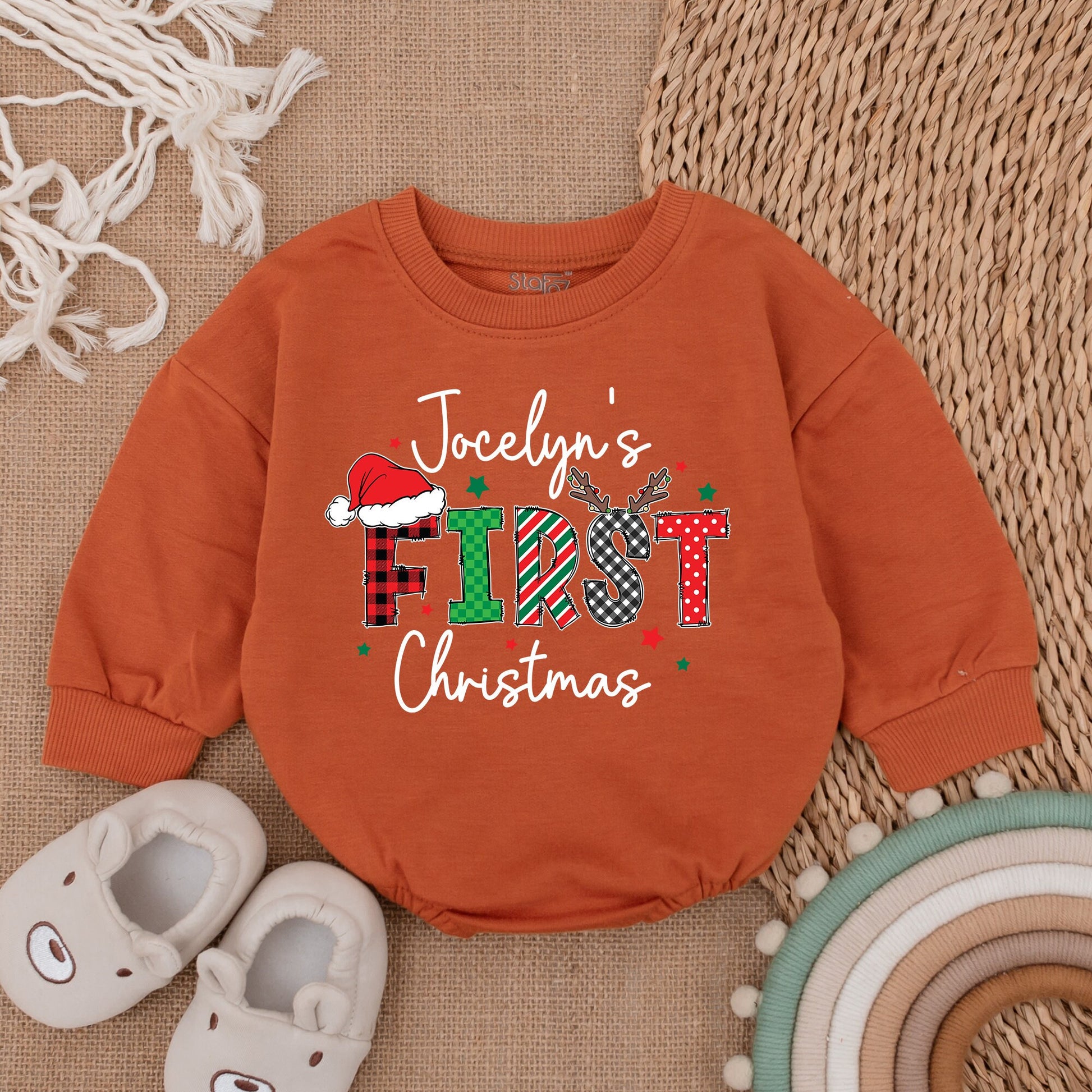 Custom My First Christmas Baby Romper Playful Plaid Striped Oversized Long Sleeve Bodysuit Red Green Cozy Newborn Girl Outfit