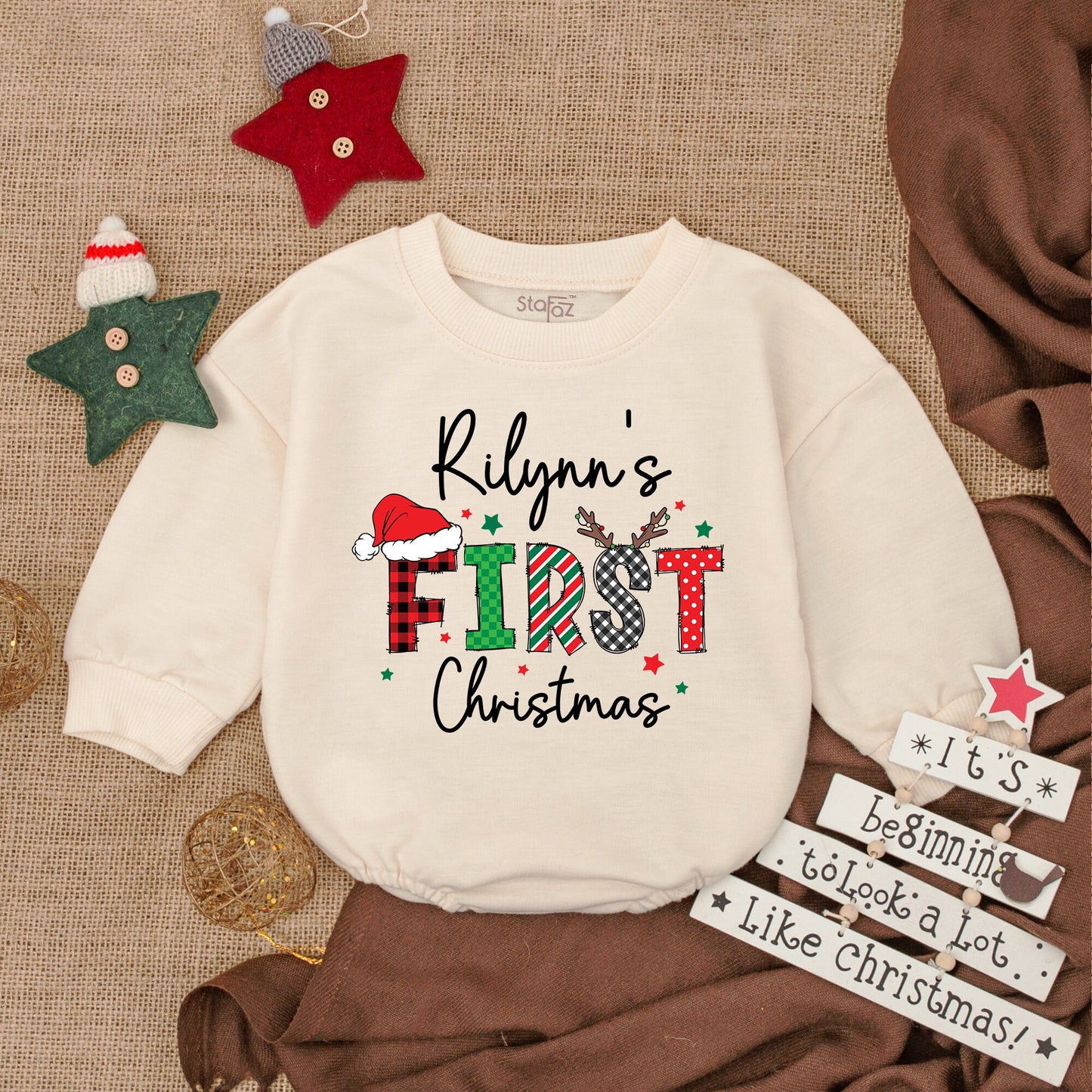 Custom My First Christmas Baby Romper Playful Plaid Striped Oversized Long Sleeve Bodysuit Red Green Cozy Newborn Girl Outfit