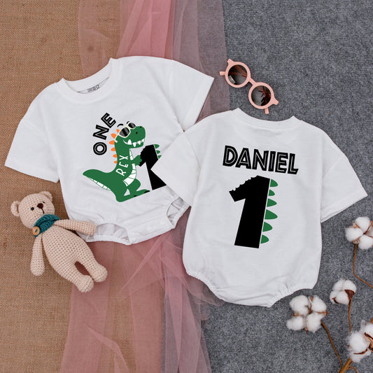Personalized Dinosaur Birthday Boy Romper "One Rex" Cartoon Dino Sunglasses First Birthday Outfit Cute Dino Spikes 1st Birthday Boy Clothes