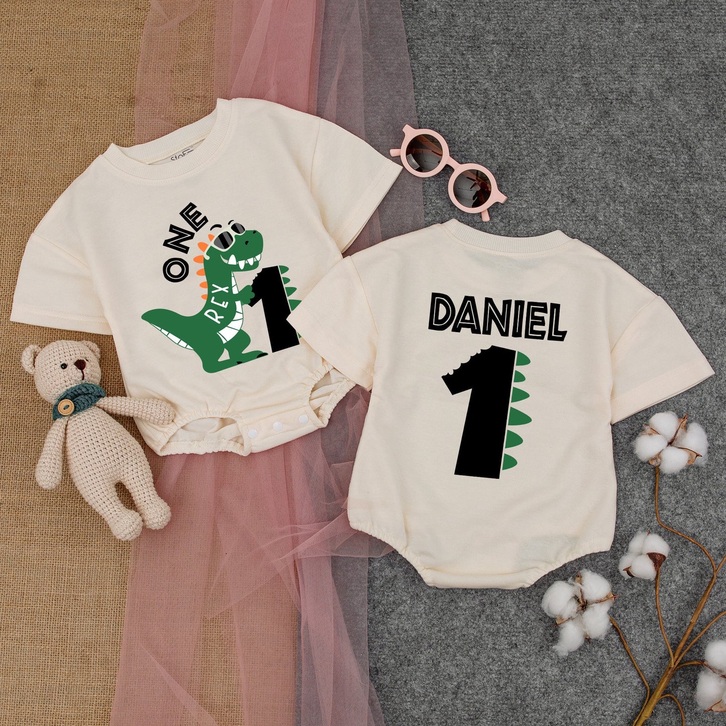 Personalized Dinosaur Birthday Boy Romper "One Rex" Cartoon Dino Sunglasses First Birthday Outfit Cute Dino Spikes 1st Birthday Boy Clothes