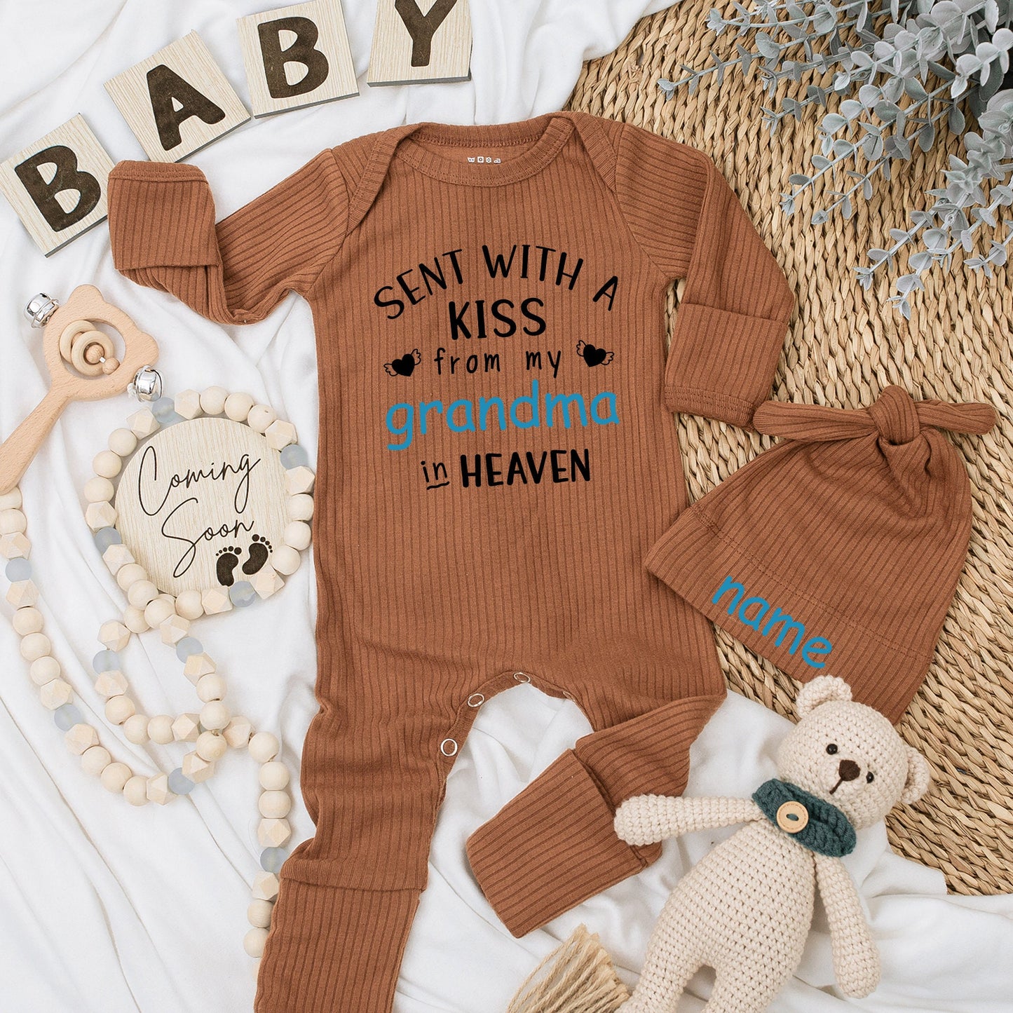 Sent With A Kiss From Grandma In Heaven Baby Bodysuit Blue Black Winged Heart Design, Personalized Guardian Angel Baby Shower Gift Newborn Apparel