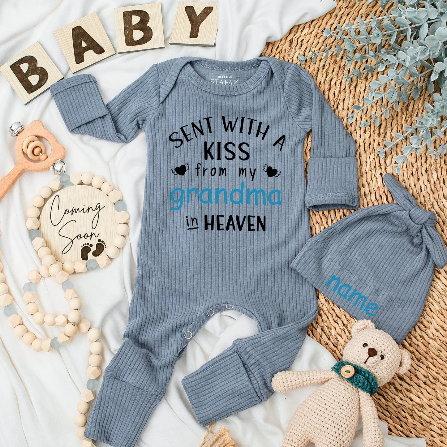 Sent With A Kiss From Grandma In Heaven Baby Bodysuit Blue Black Winged Heart Design, Personalized Guardian Angel Baby Shower Gift Newborn Apparel