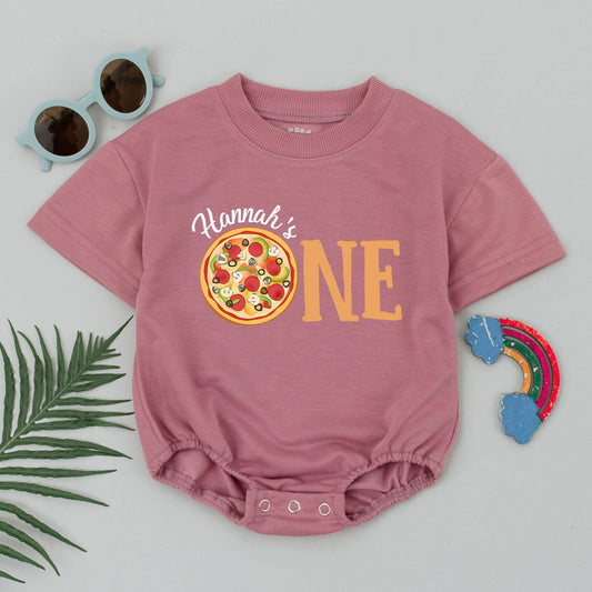 Hannah's Pizza ONE Birthday Romper Baby Girl First Birthday Outfit Pizza Party Bodysuit Cute Foodie Gift