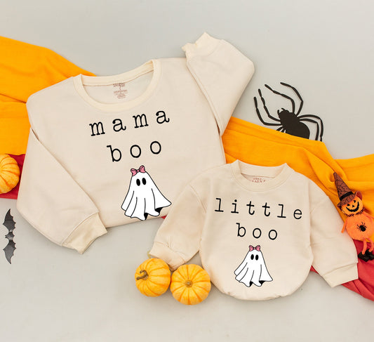 Matching Mama Little Boo Family Halloween Sweatshirts Cute Ghost Pink Bow Design, Cozy Fall Mommy and Me Outfits for All Ages and Gifting