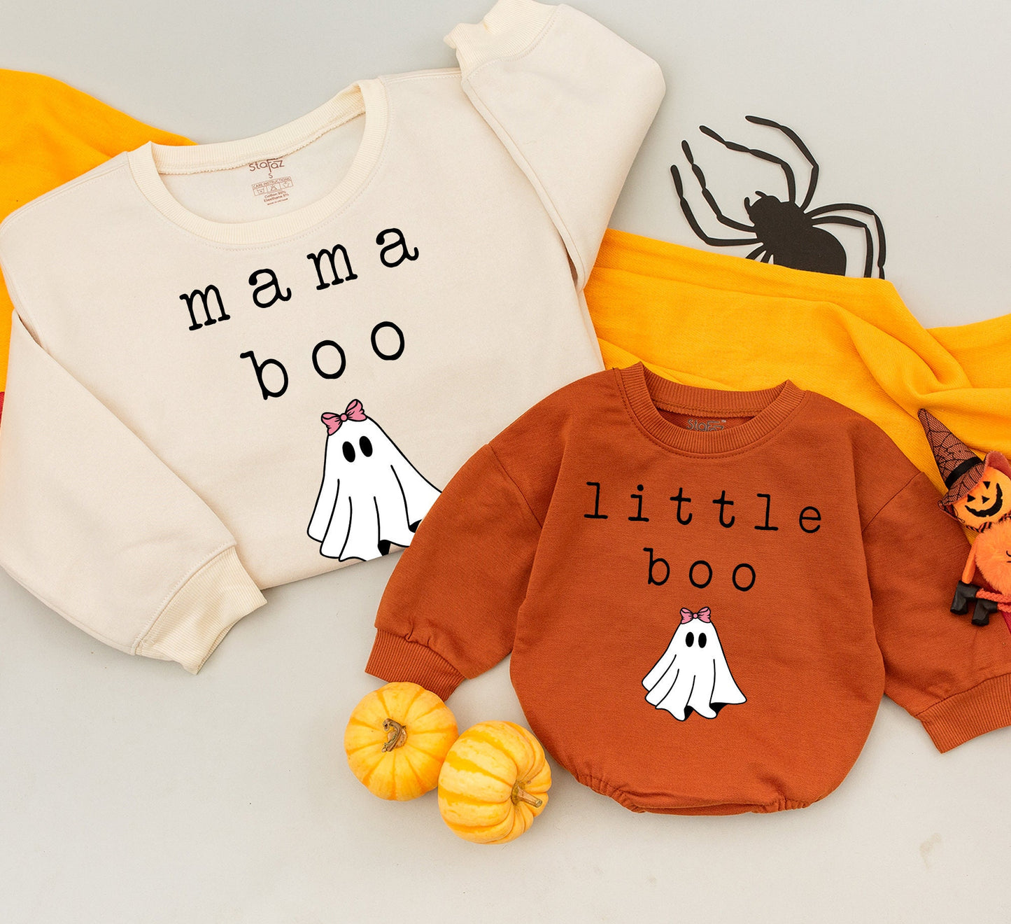 Matching Mama Little Boo Family Halloween Sweatshirts Cute Ghost Pink Bow Design, Cozy Fall Mommy and Me Outfits for All Ages and Gifting
