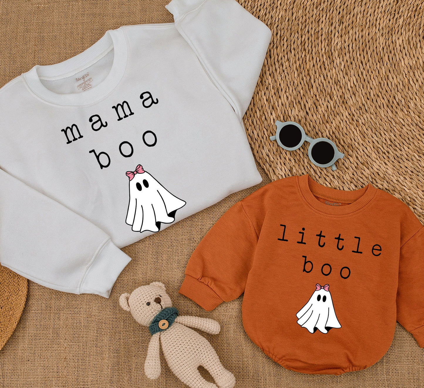 Matching Mama Little Boo Family Halloween Sweatshirts Cute Ghost Pink Bow Design, Cozy Fall Mommy and Me Outfits for All Ages and Gifting